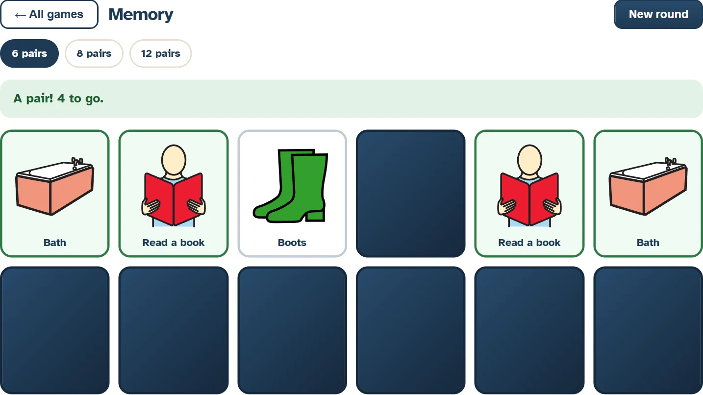 The Memory game: a grid of cards, some turned over showing matching pictures.