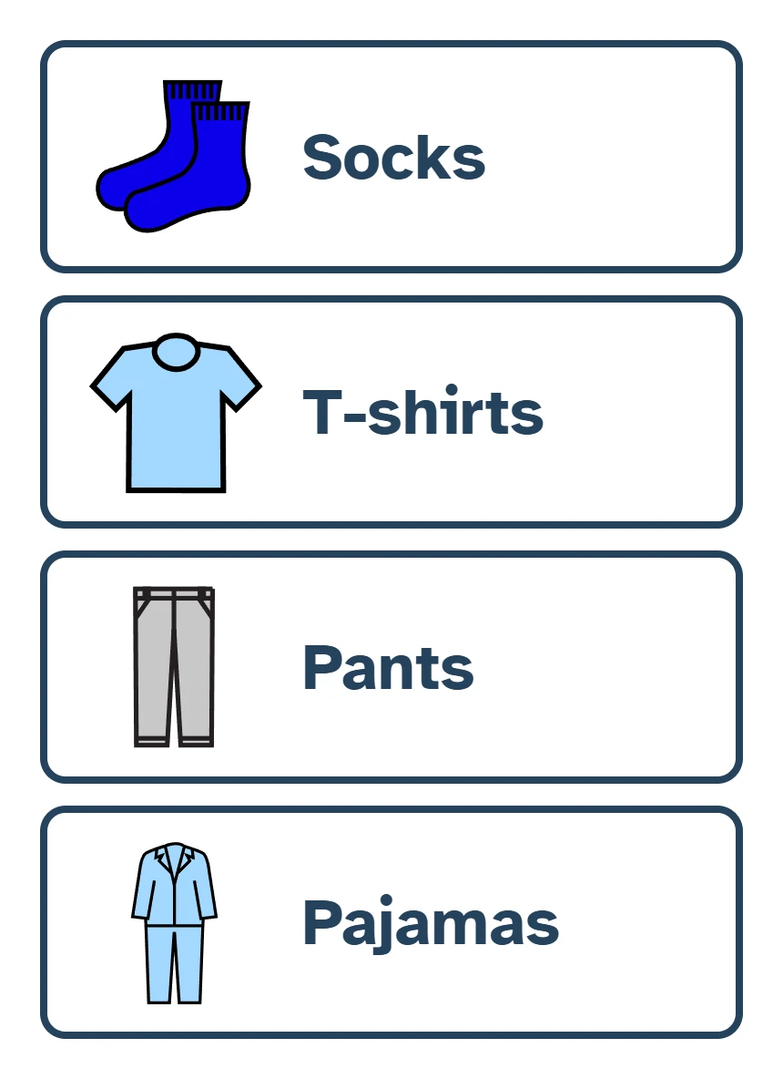 Four picture labels for drawers: socks, T-shirts, pants and pajamas.