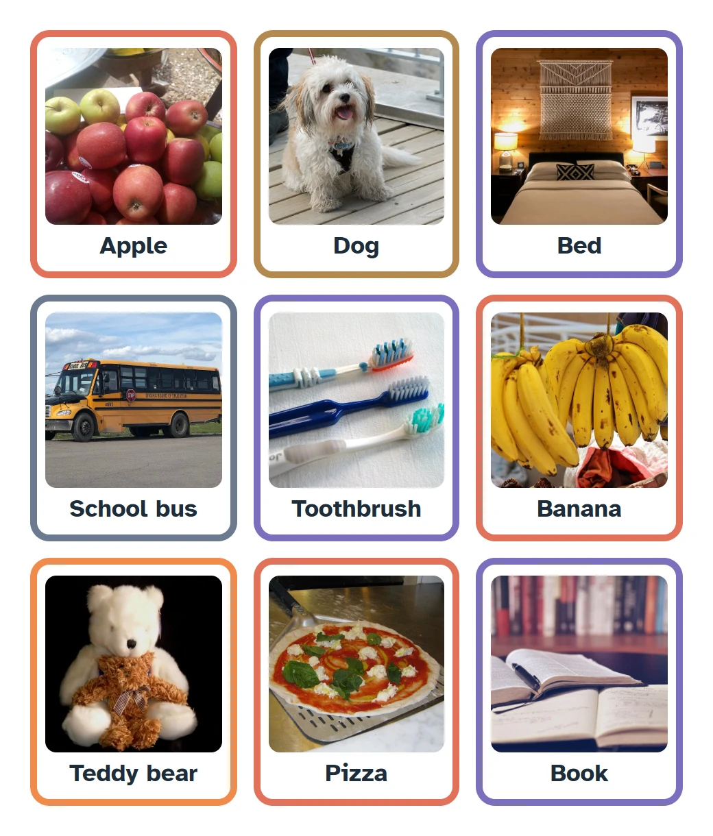 Nine real photo cards: apple, dog, bed, school bus, toothbrush, banana, teddy bear, pizza and book.