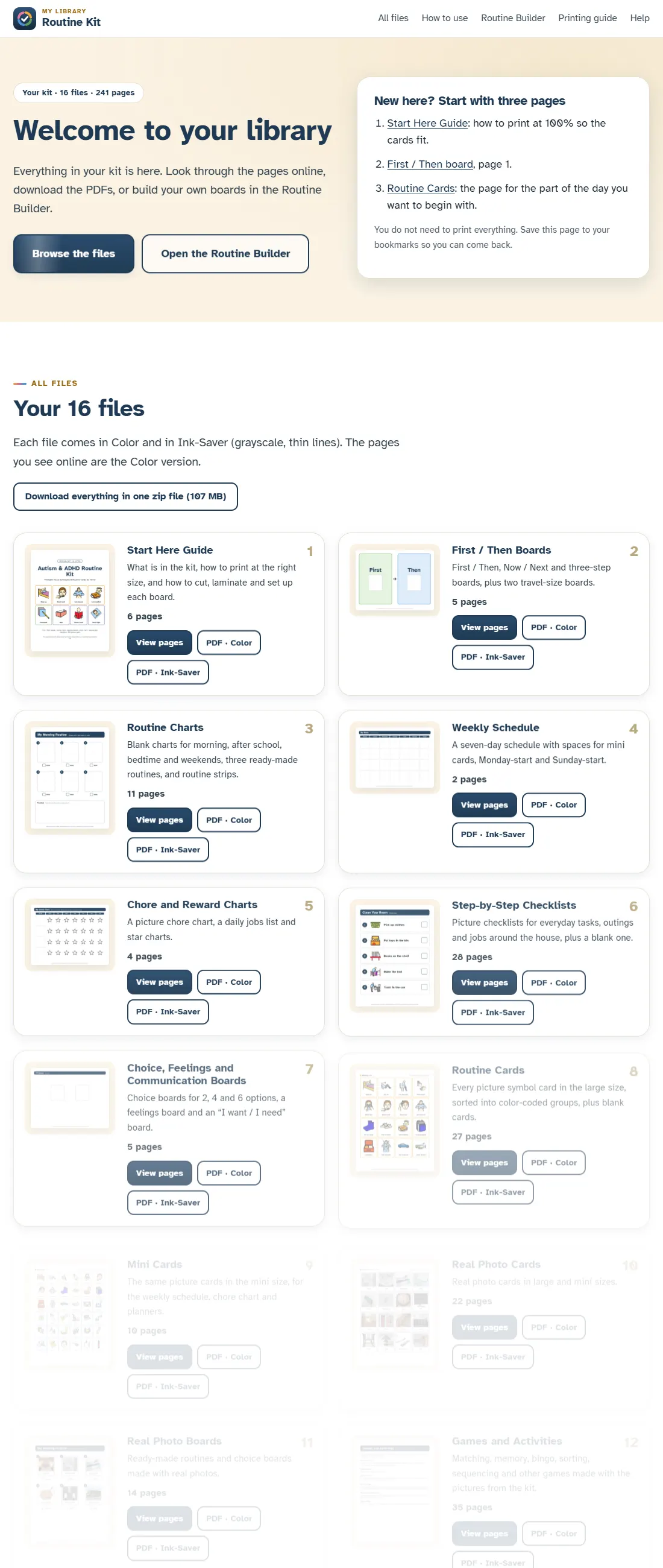 The online library: a list of the fifteen files with buttons to view the pages and download each PDF.