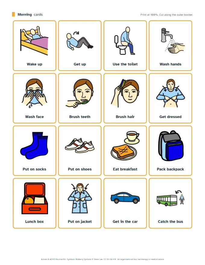 A sheet of sixteen morning routine picture cards.