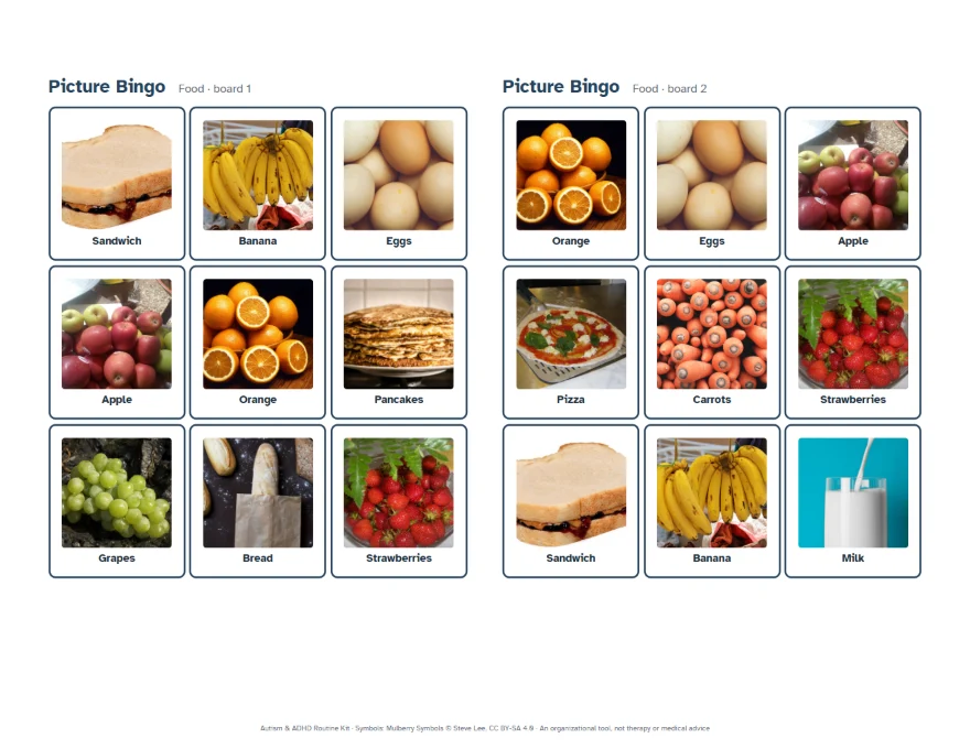 Two picture bingo boards with real photos of food.