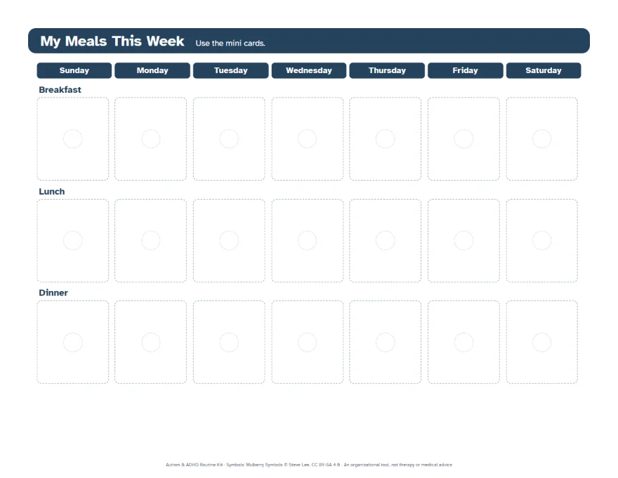 Weekly meal planner with breakfast, lunch and dinner rows.