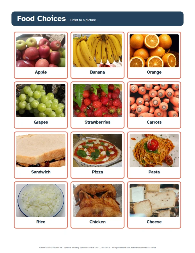 A food choices board with twelve real photos.